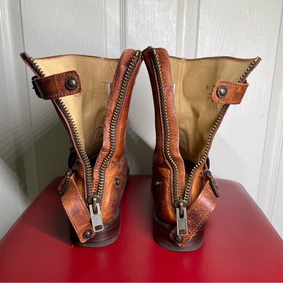 { Frye Moto Boot} Veronica Brown Leather Boots 10 - Picture 10 of 16